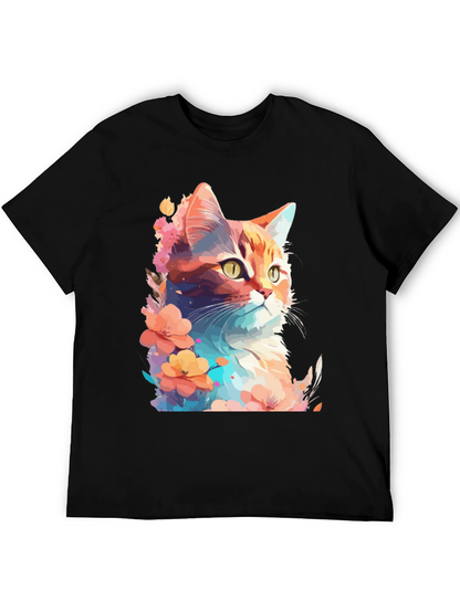 Floral Cat Graphic T-Shirt - Stylish Mens Tee