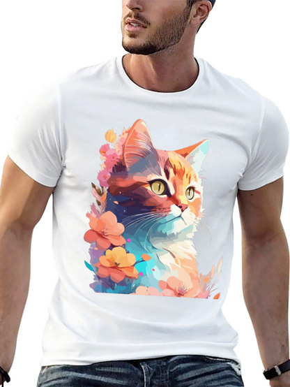 Floral Cat Graphic T-Shirt - Stylish Mens Tee