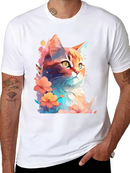 Floral Cat Graphic T-Shirt - Stylish Mens Tee