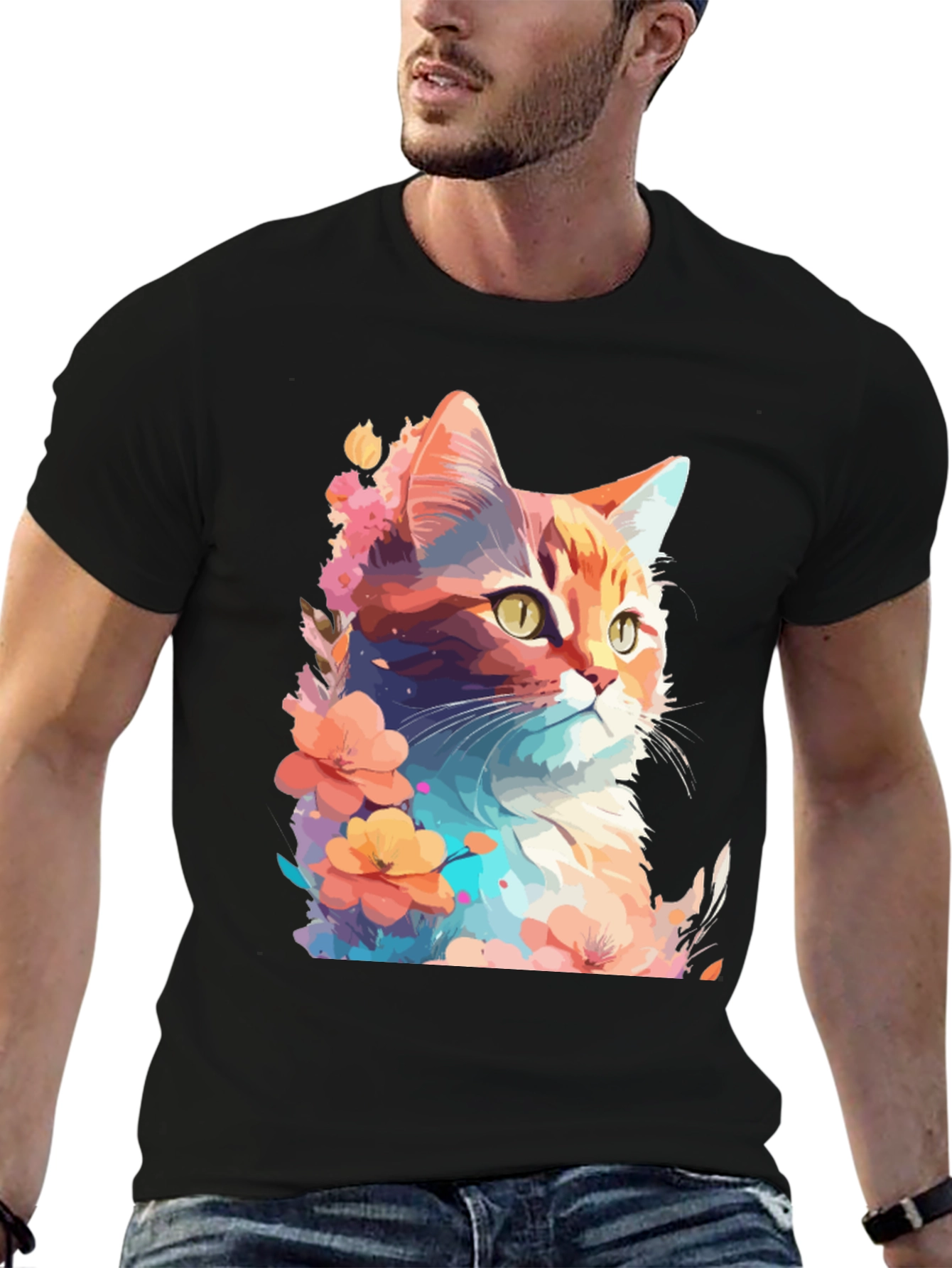 Floral Cat Graphic T-Shirt - Stylish Mens Tee