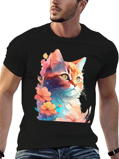 Floral Cat Graphic T-Shirt - Stylish Mens Tee