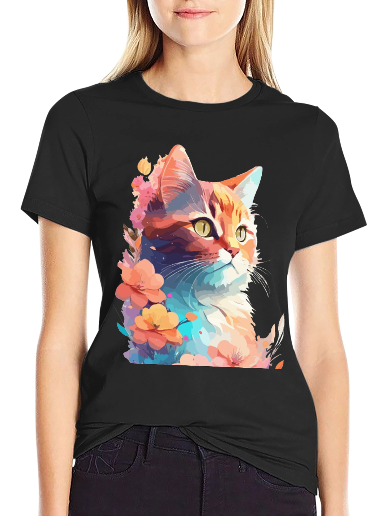 Floral Cat Graphic T-Shirt - Stylish Mens Tee