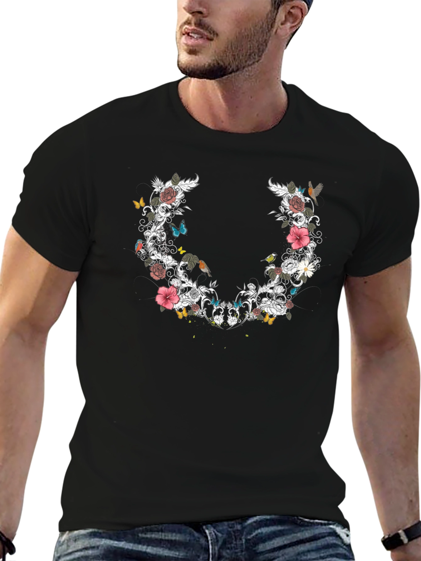 Floral & Butterfly Graphic Print Tee - Black