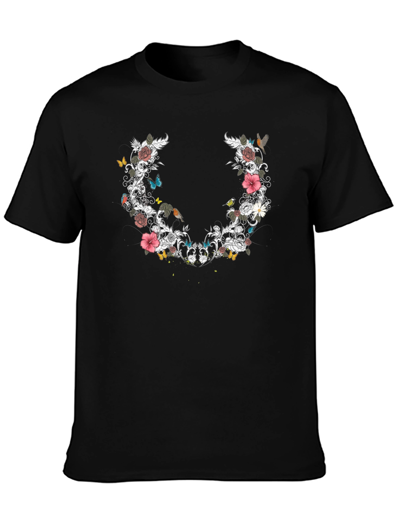 Floral & Butterfly Graphic Print Tee - Black