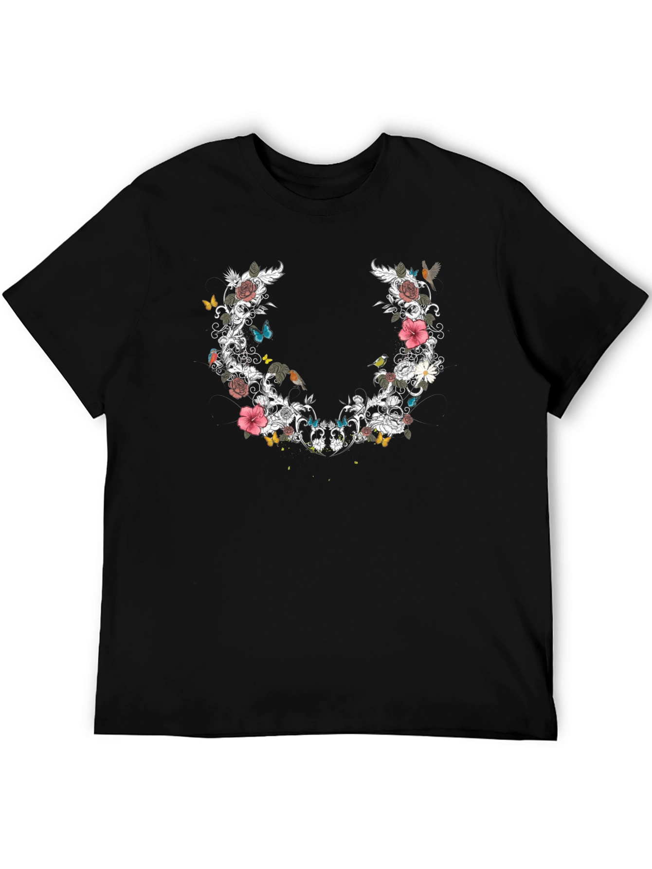 Floral & Butterfly Graphic Print Tee - Black