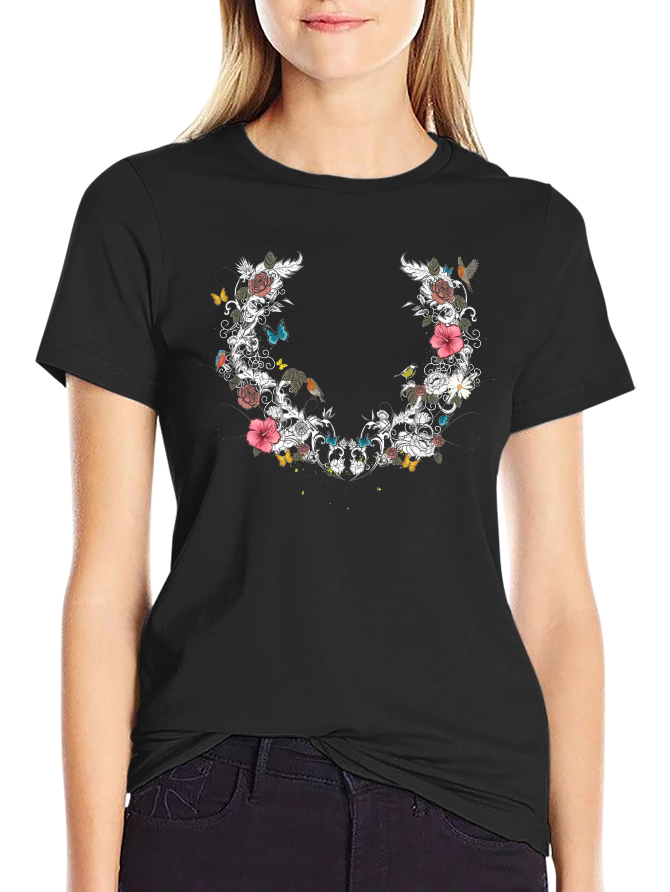 Floral & Butterfly Graphic Print Tee - Black