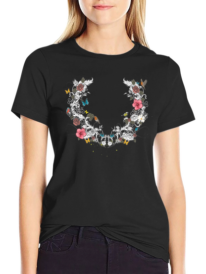 Floral & Butterfly Graphic Print Tee - Black