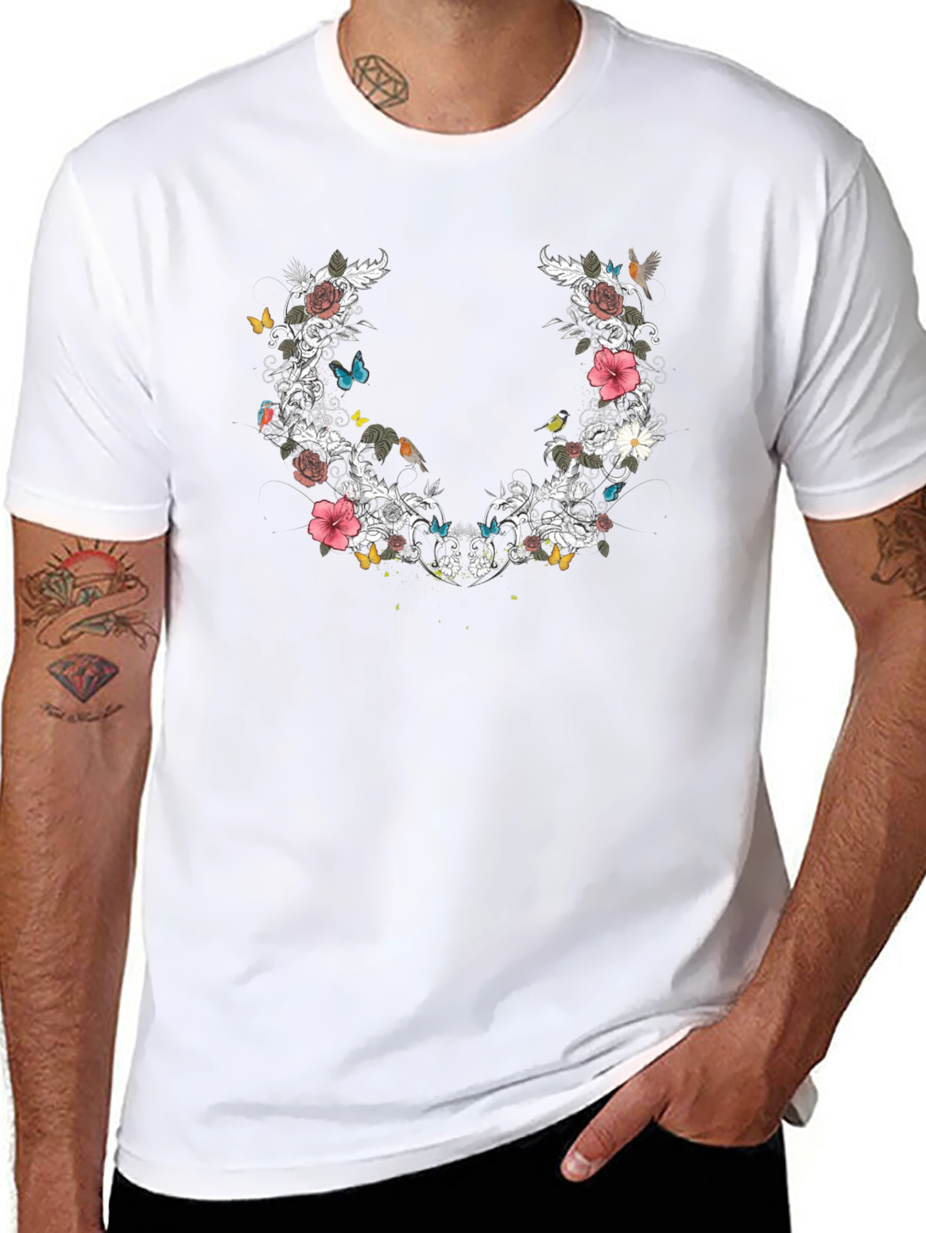 Floral & Butterfly Graphic Print Tee - Black