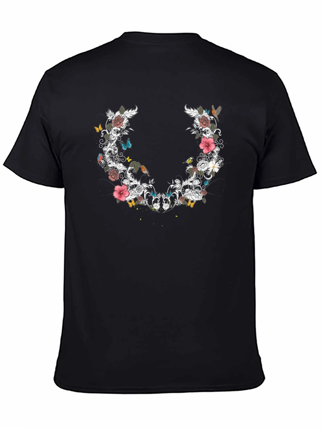 Floral & Butterfly Graphic Print Tee - Black