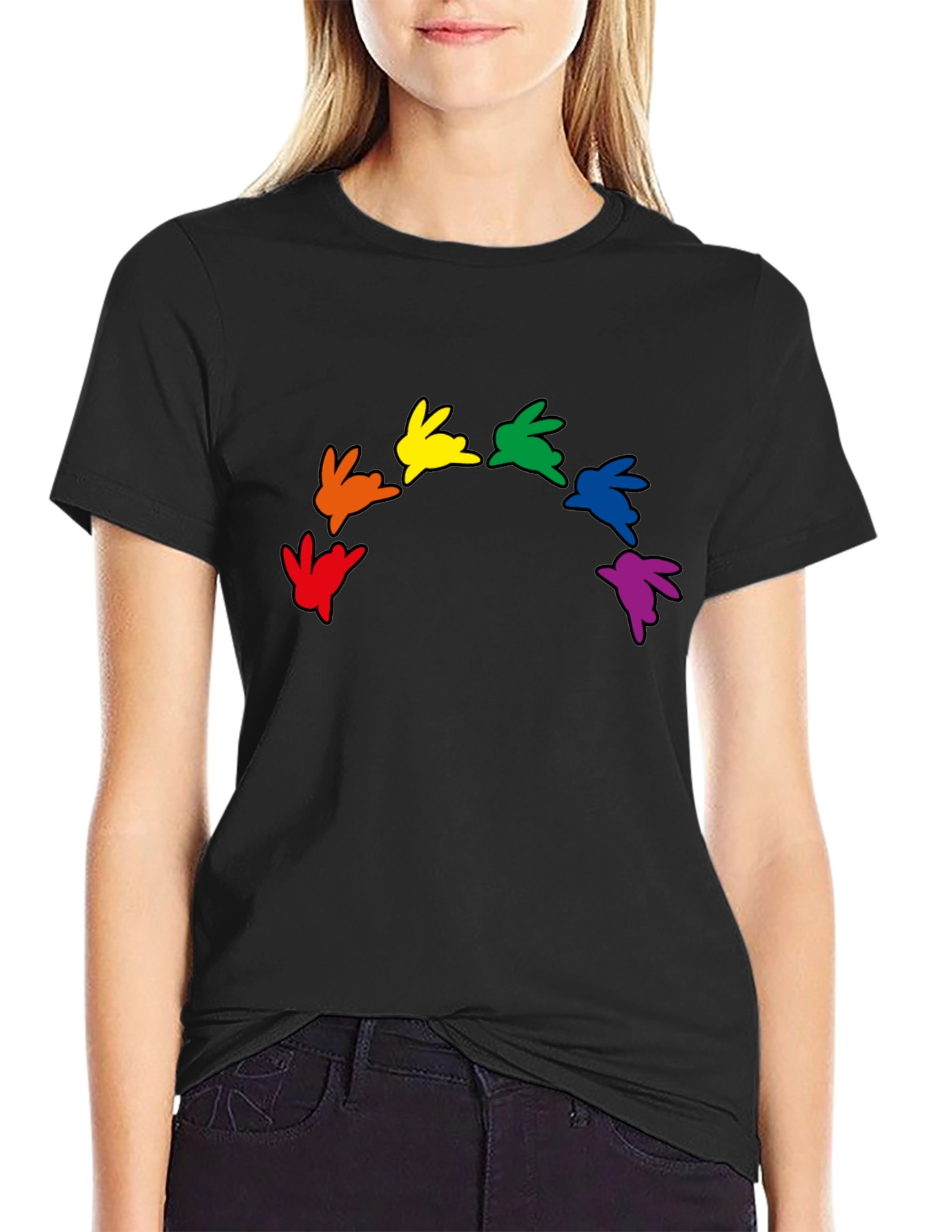Rainbow Bunny Graphic Black T-Shirt