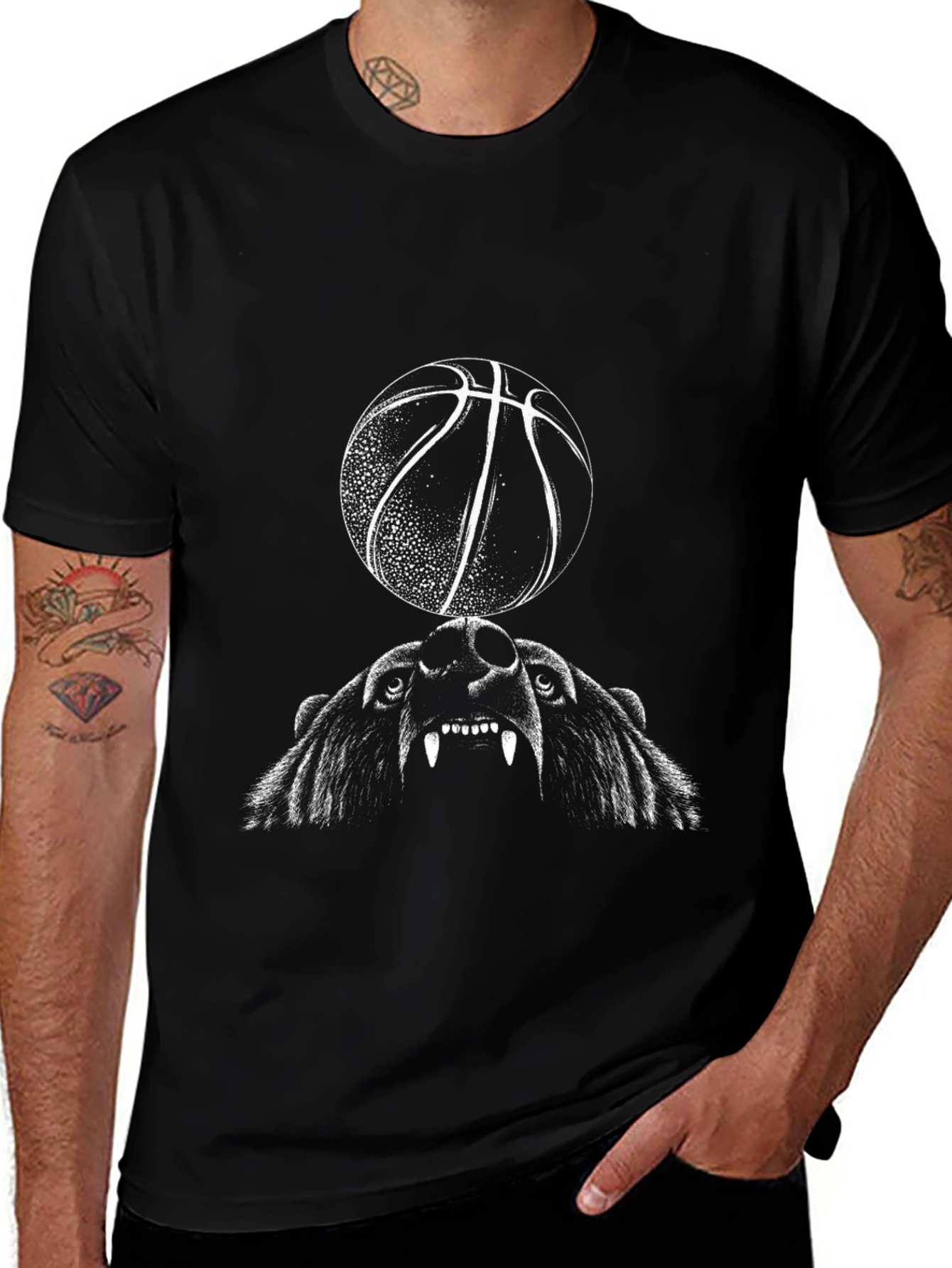 Bear and Basketball Graphic Tee - Black