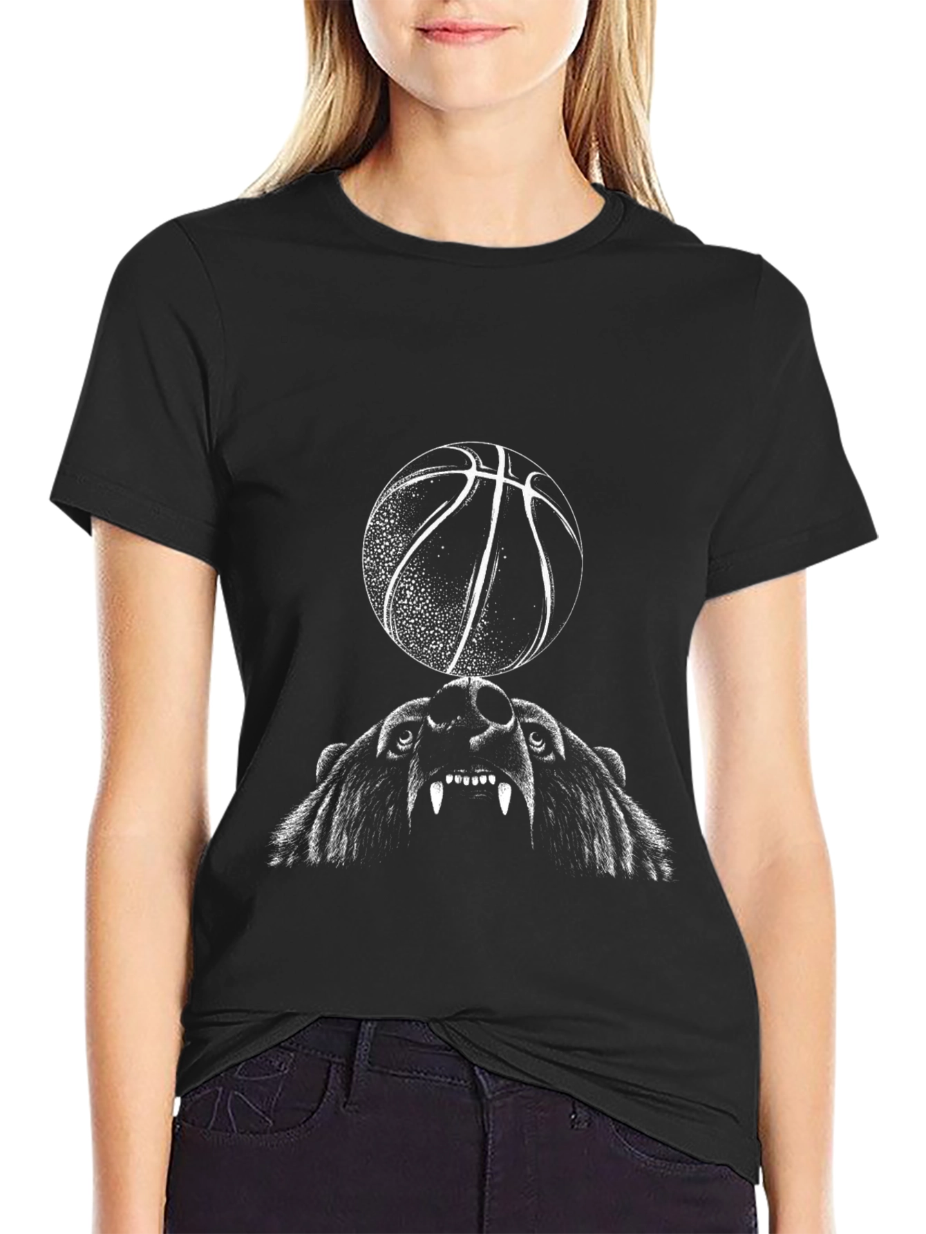Bear and Basketball Graphic Tee - Black