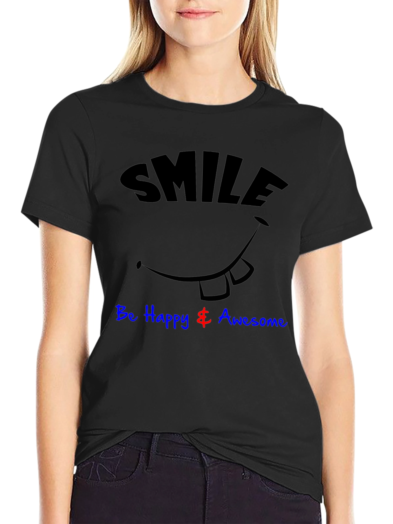 Smile Be Happy & Awesome Black Graphic T-Shirt