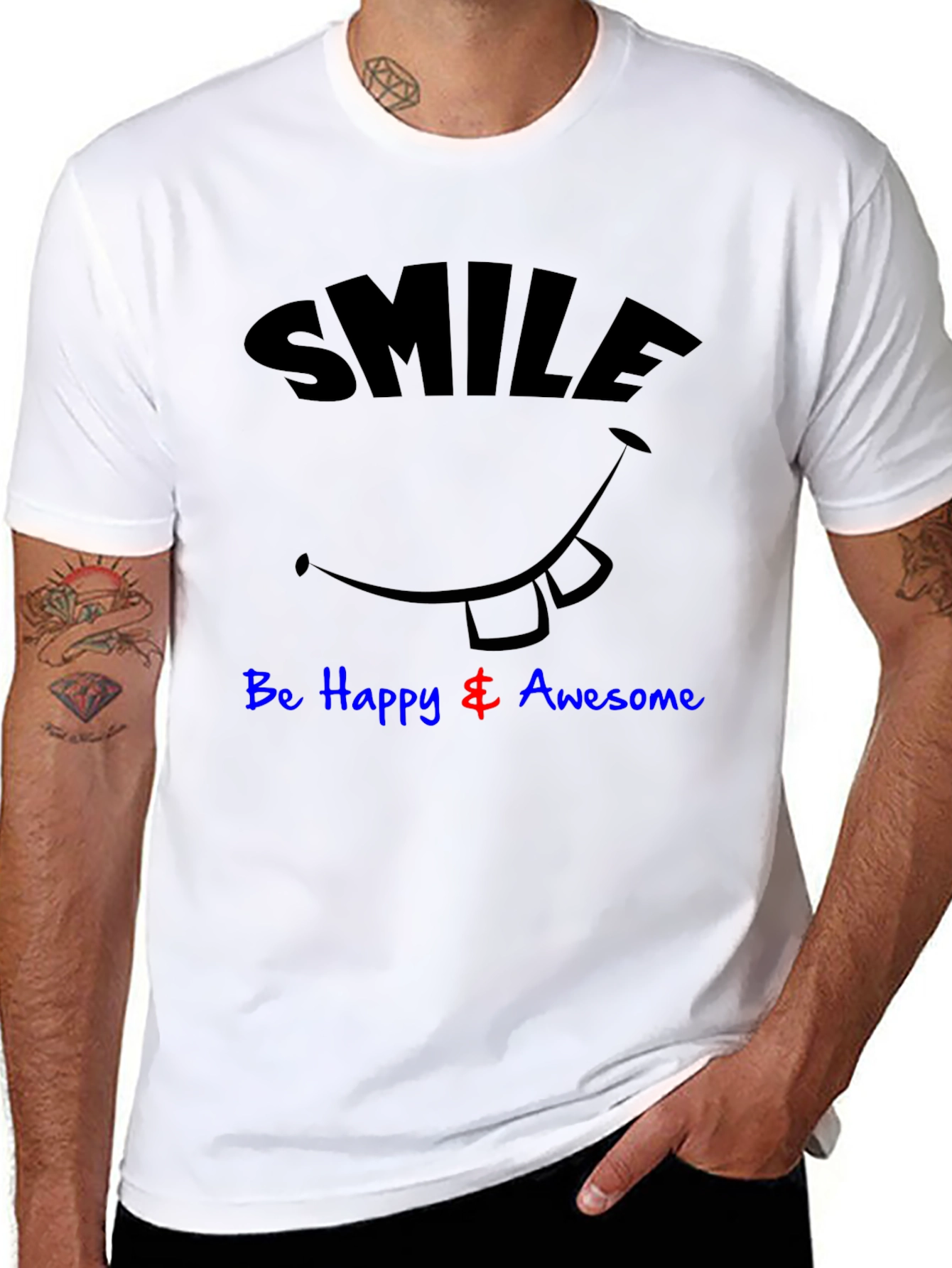 Smile Be Happy & Awesome Black Graphic T-Shirt