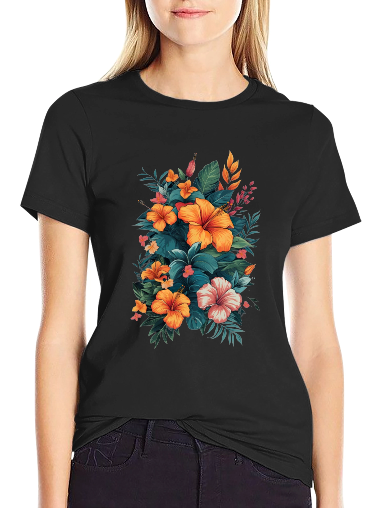 Floral Hibiscus Graphic Tee - Tropical Print