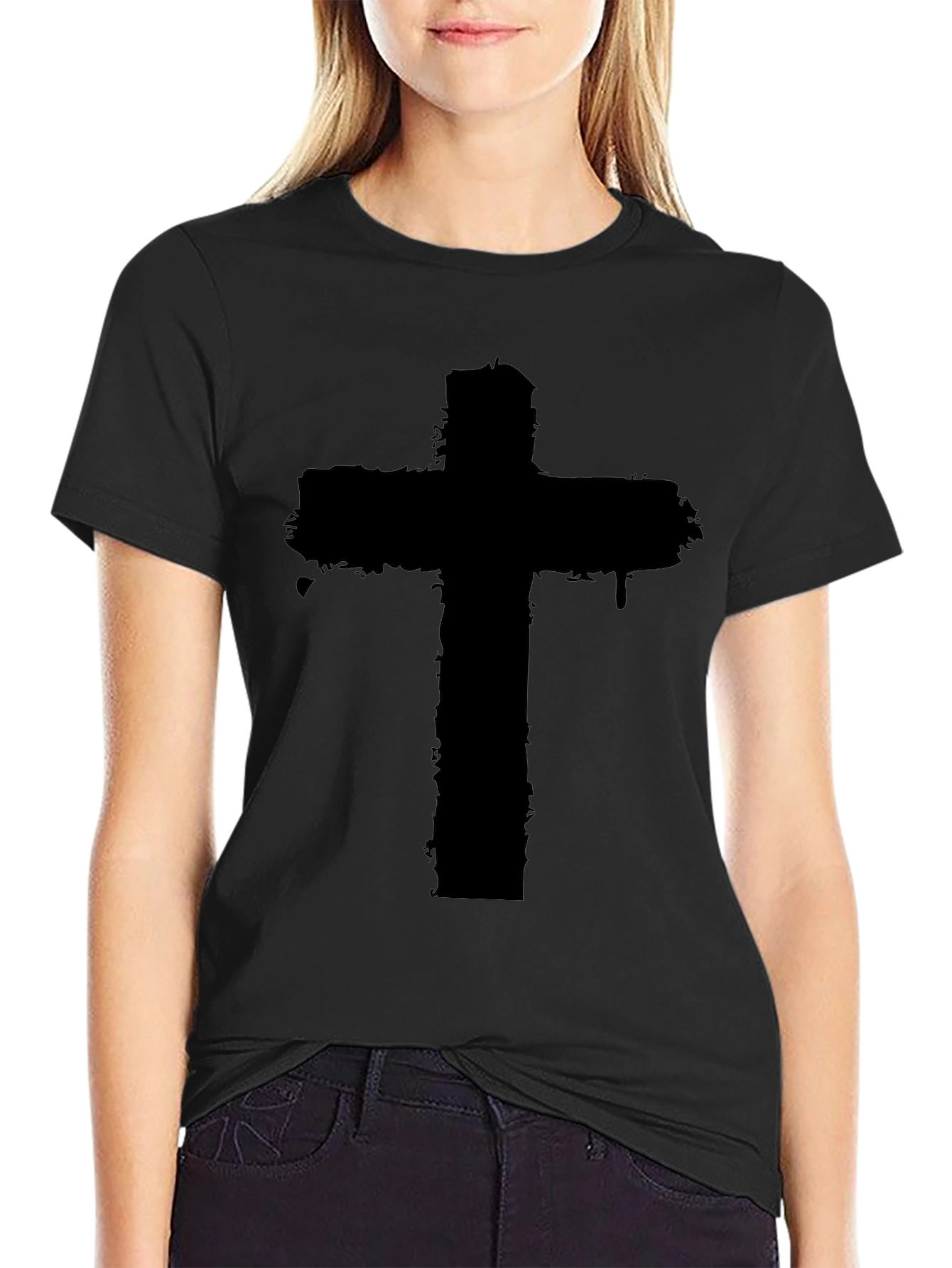 Distressed Cross Graphic Black T-Shirt