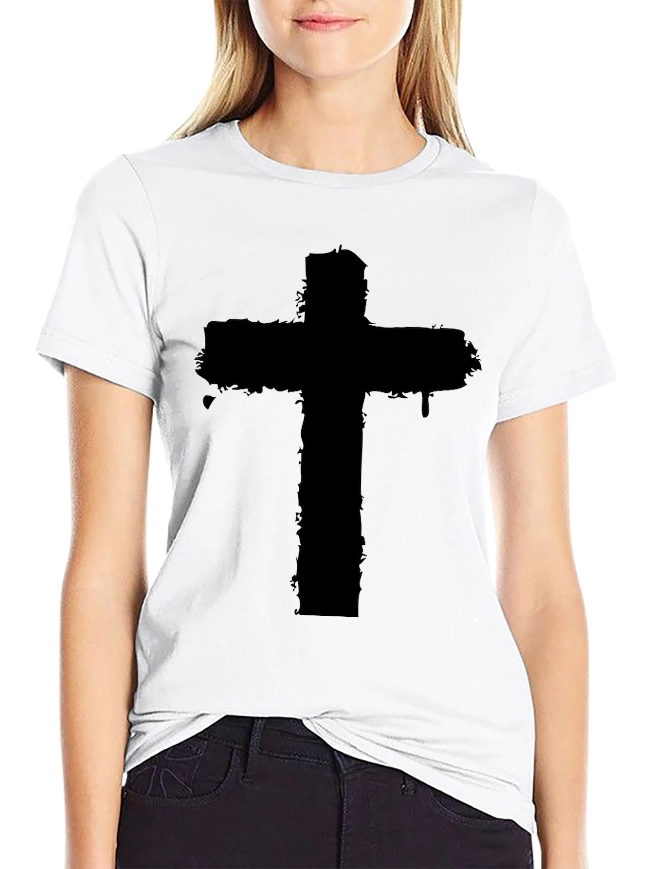 Distressed Cross Graphic Black T-Shirt