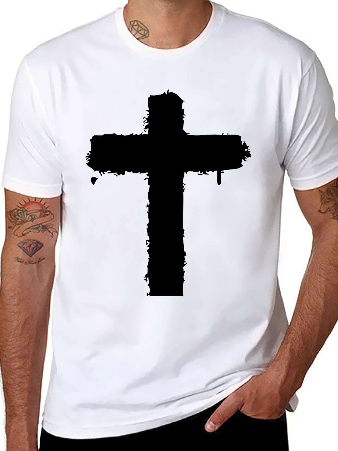 Distressed Cross Graphic Black T-Shirt