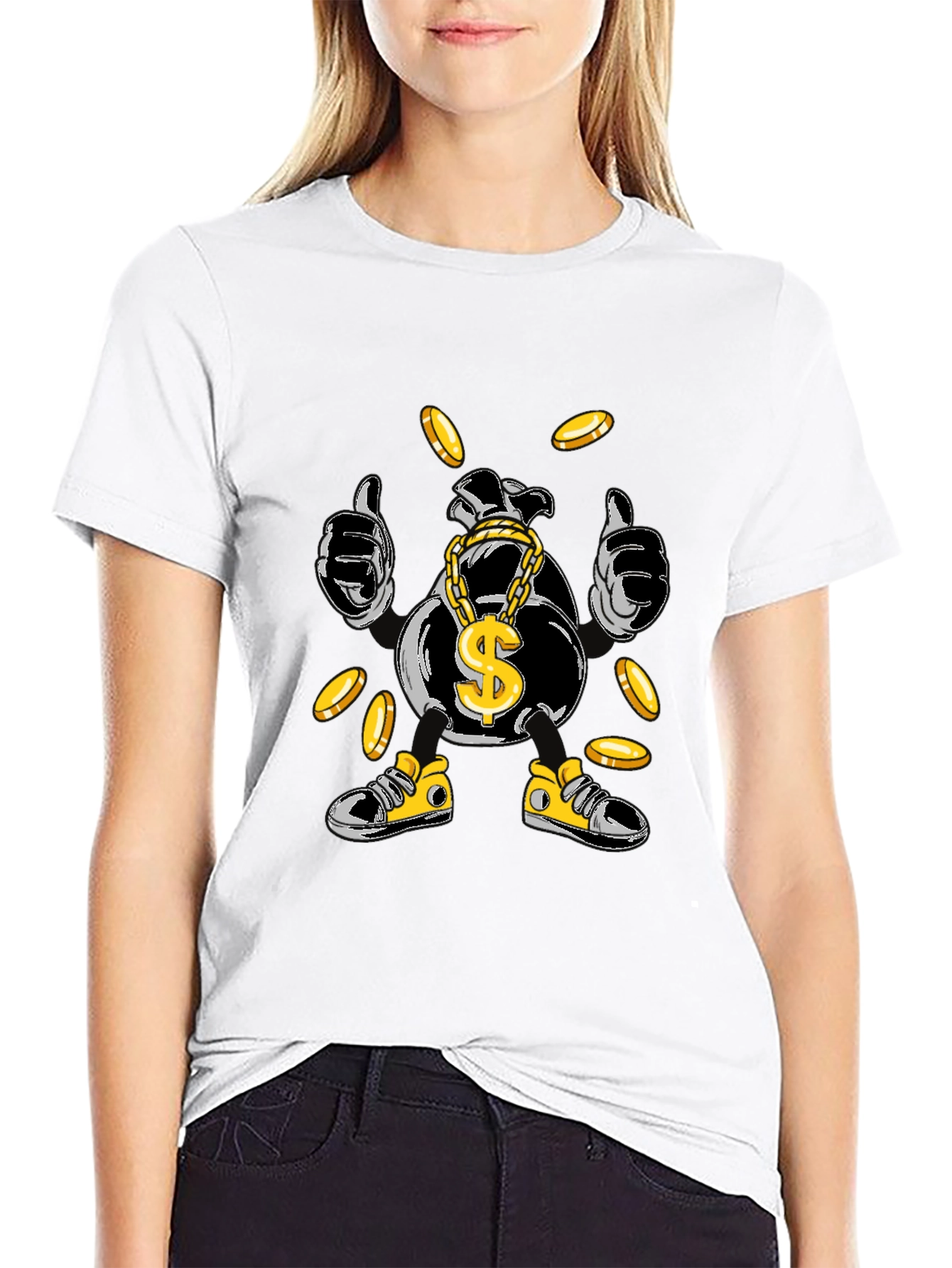 Money Bag Cartoon Graphic Tee - Black