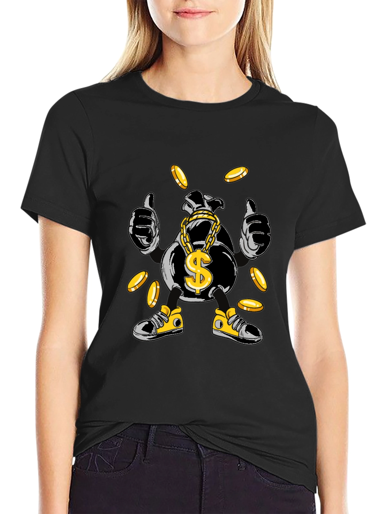 Money Bag Cartoon Graphic Tee - Black