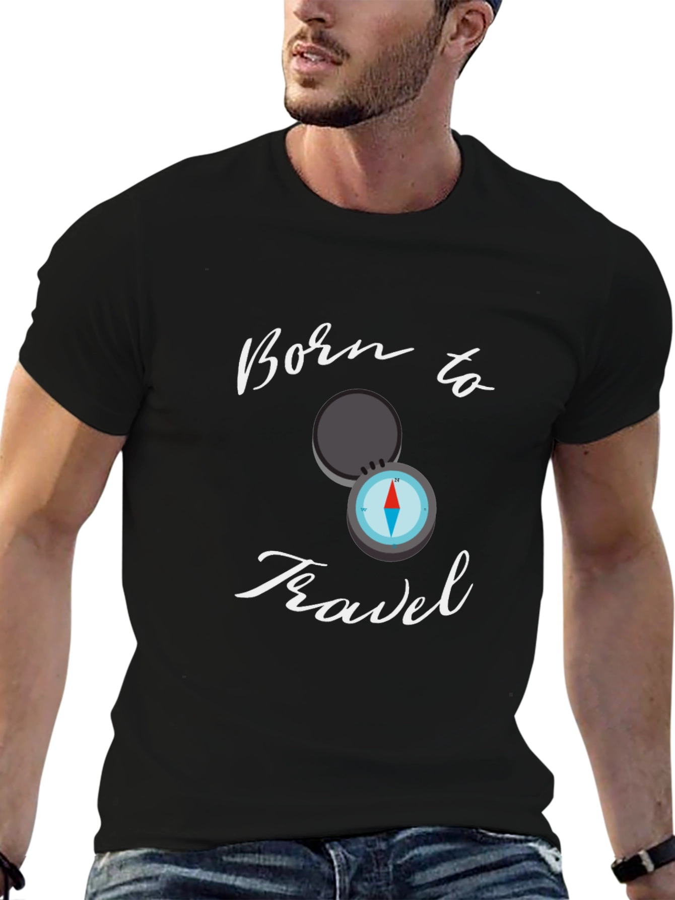 Born To Travel Black T-Shirt Compass Graphic Design