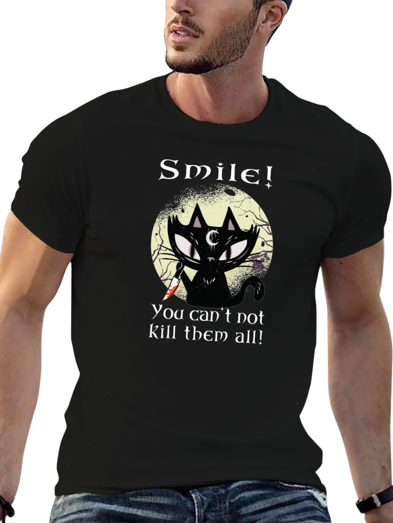 Smile! Black Cat Graphic T-Shirt - Unique Gothic Design