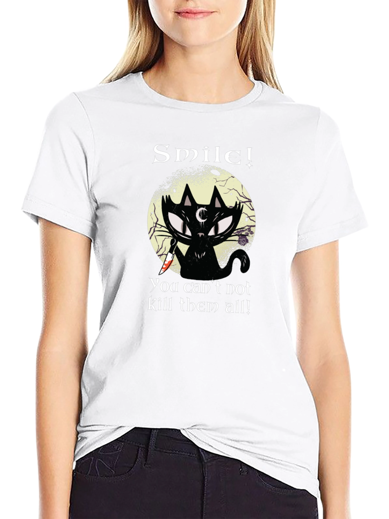 Smile! Black Cat Graphic T-Shirt - Unique Gothic Design