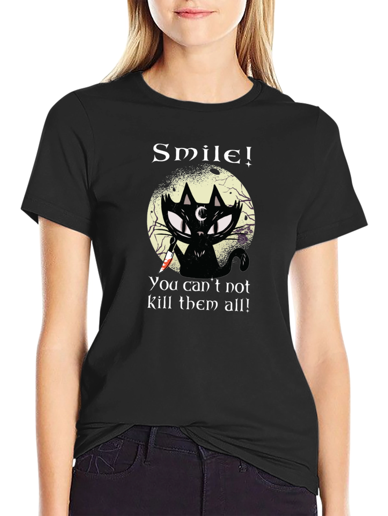 Smile! Black Cat Graphic T-Shirt - Unique Gothic Design