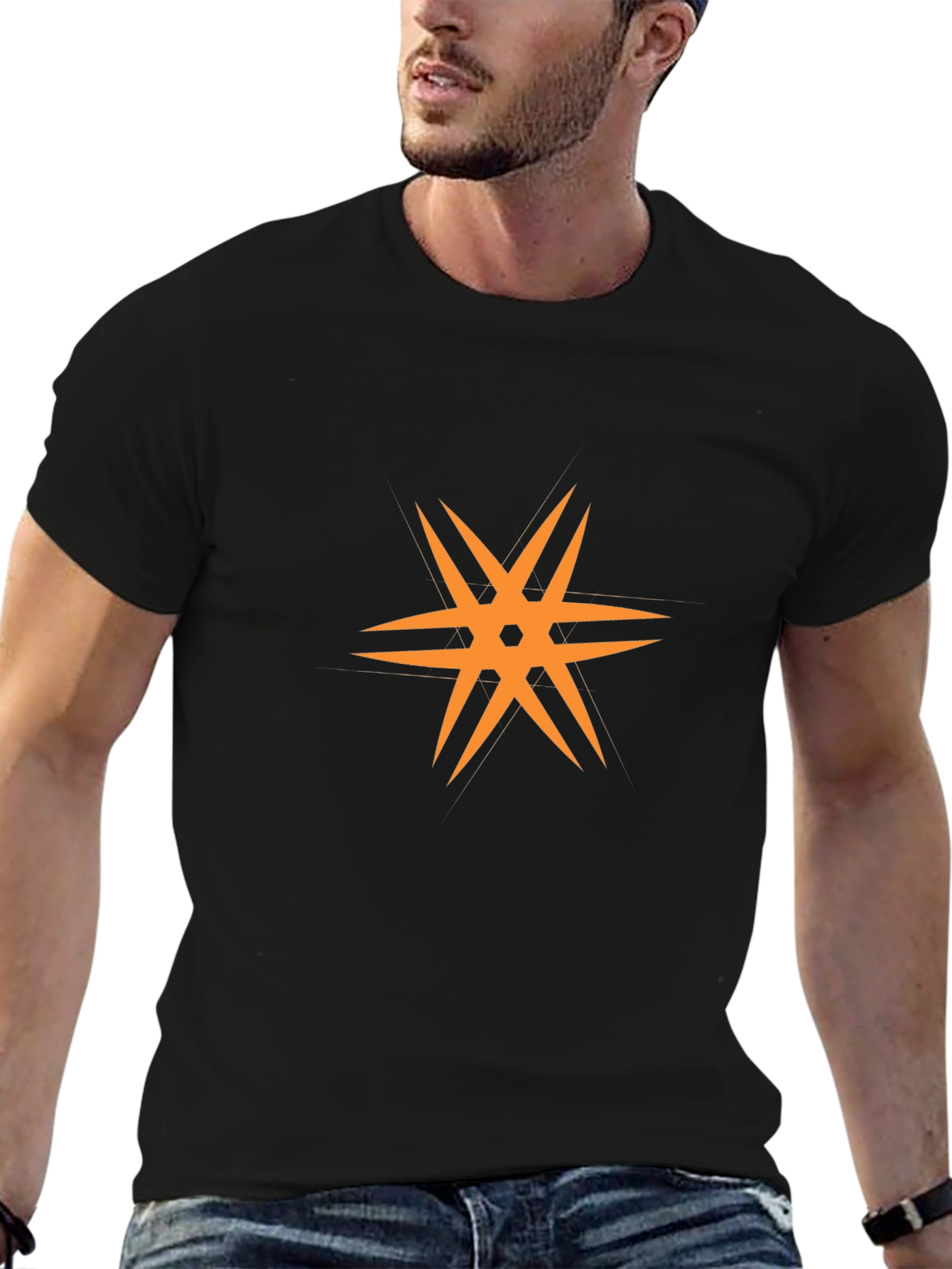 Modern Black T-Shirt with Orange Star Design