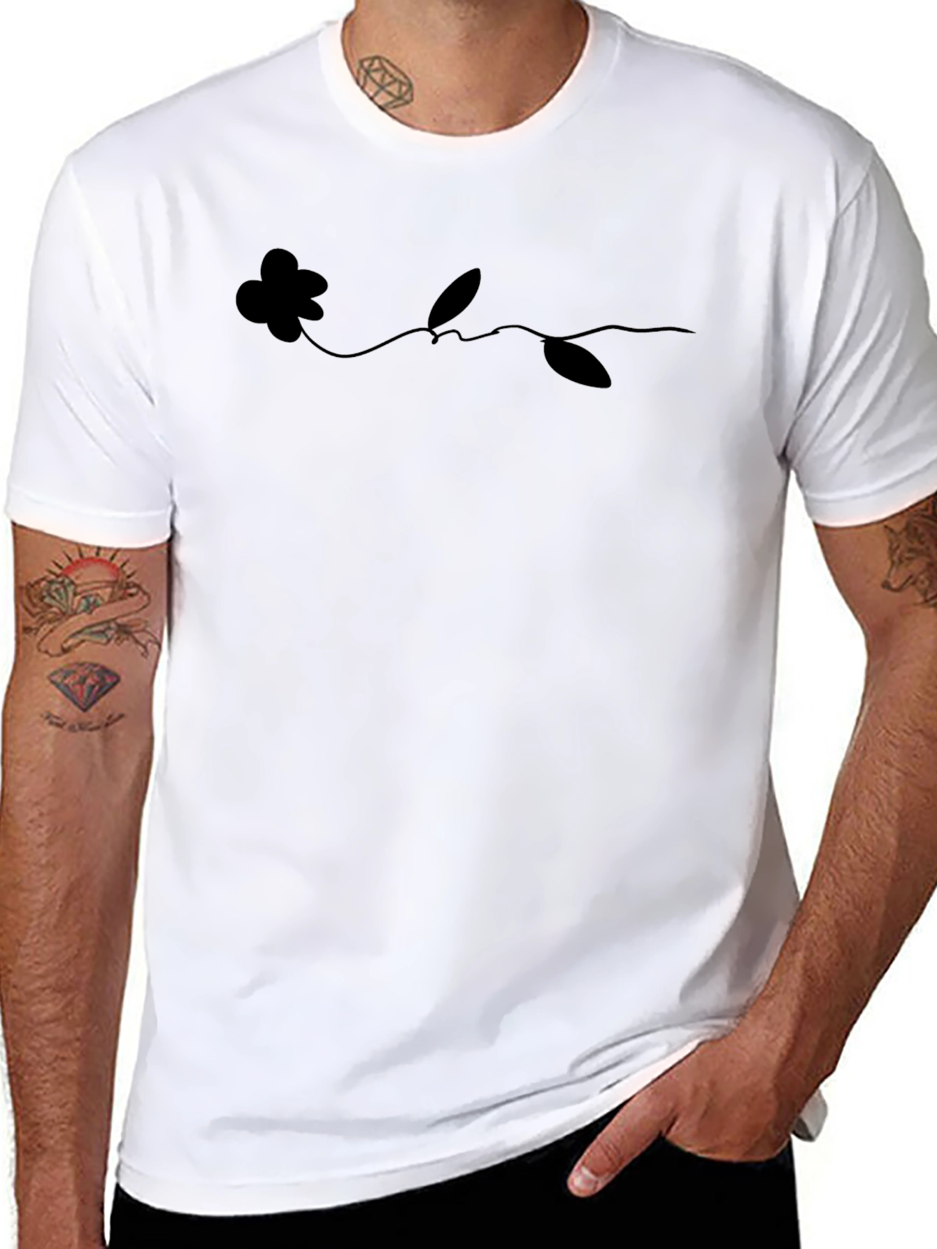 Minimalist Flower Line Art Black T-Shirt