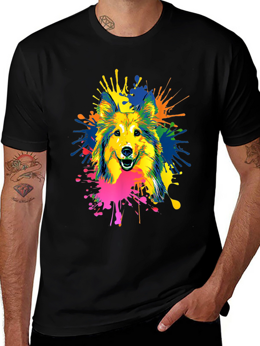 Colorful Dog Splatter Print Black T-Shirt