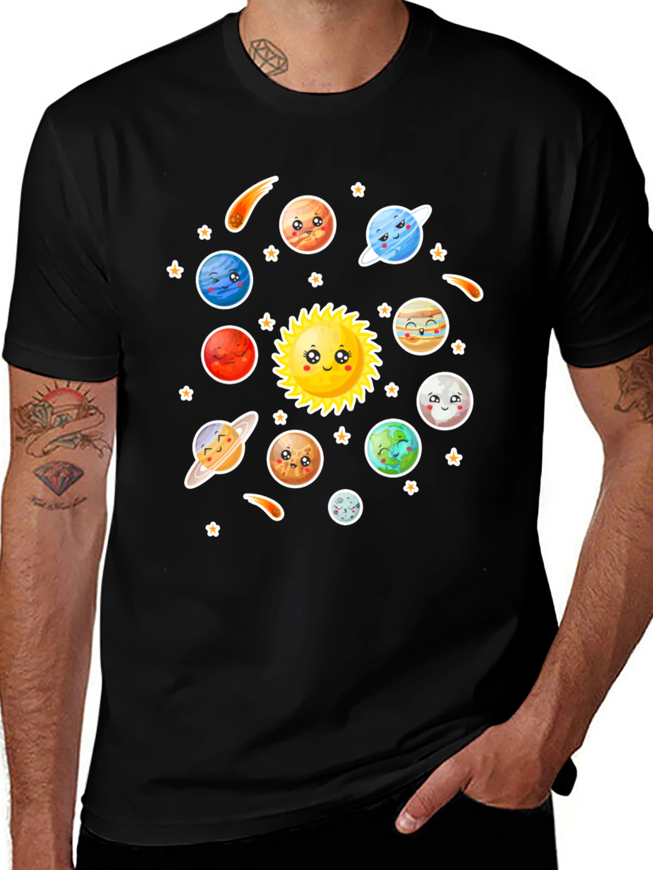 Cartoon Solar System Graphic Black T-Shirt