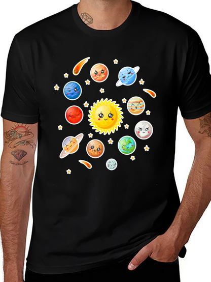 Cartoon Solar System Graphic Black T-Shirt