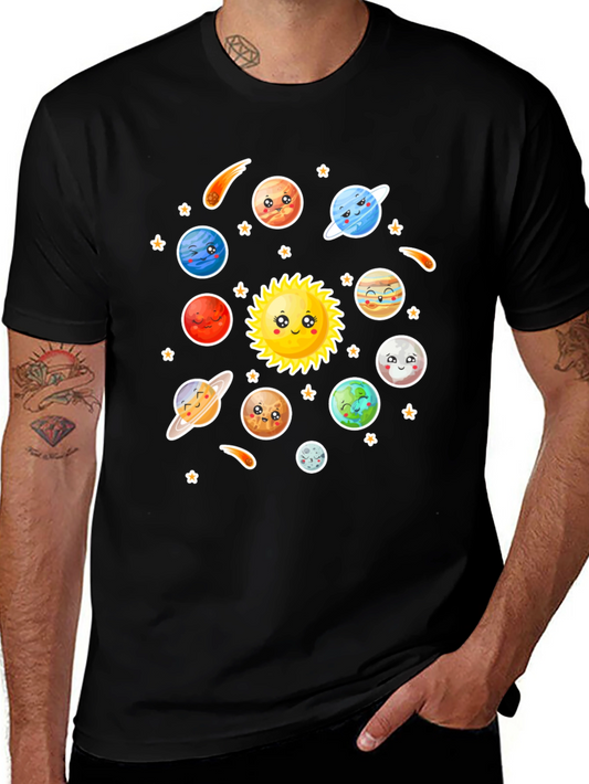 Cartoon Solar System Graphic Black T-Shirt