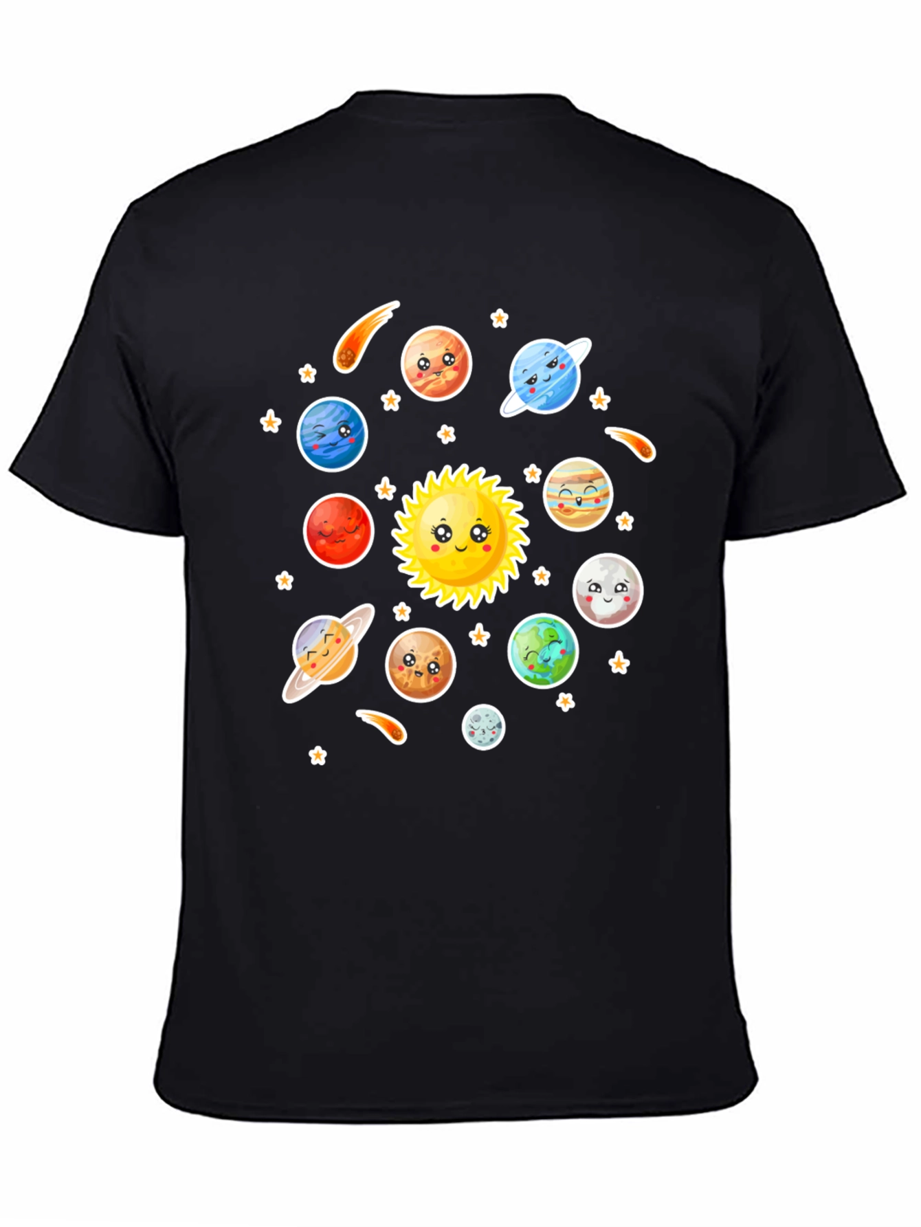 Cartoon Solar System Graphic Black T-Shirt