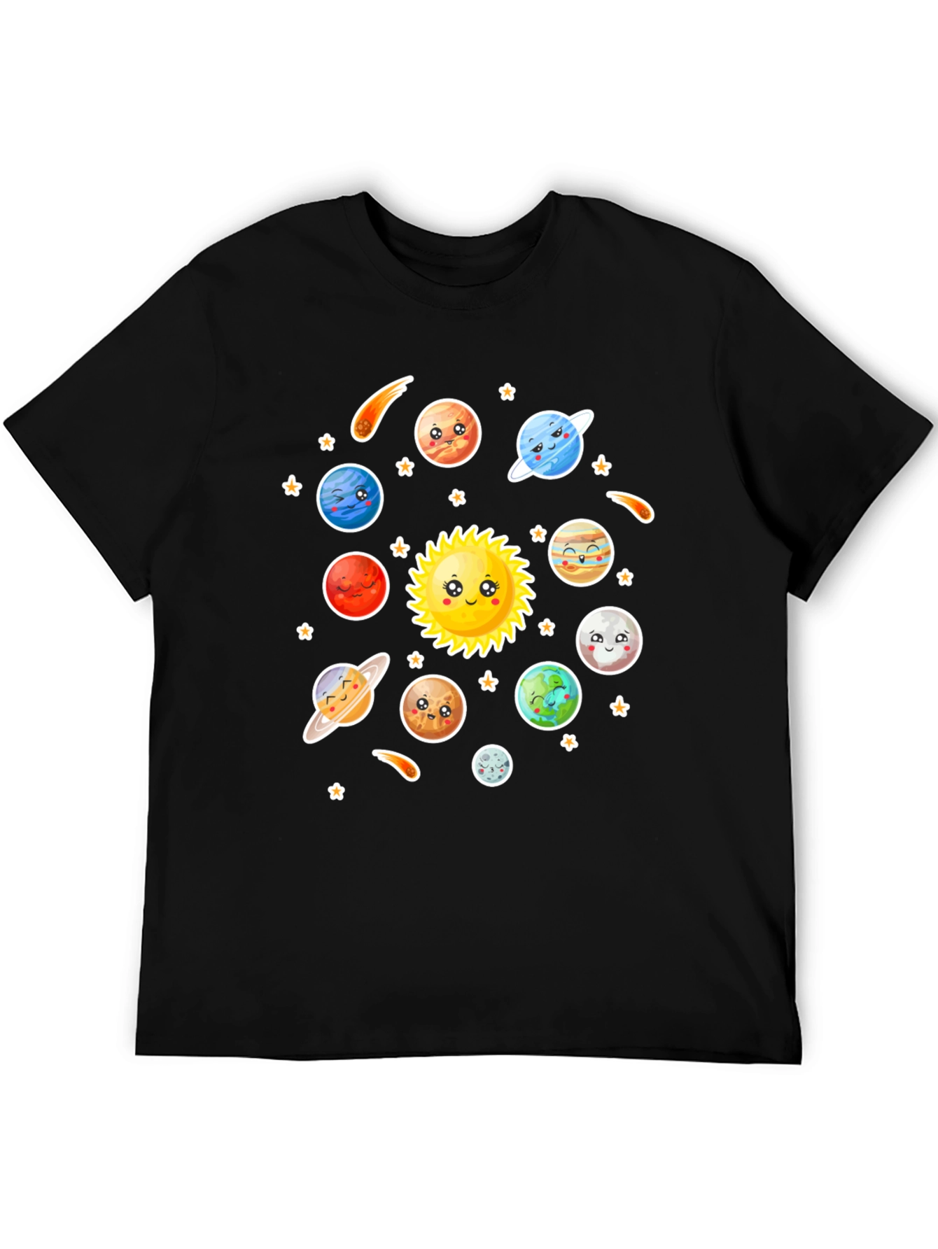 Cartoon Solar System Graphic Black T-Shirt