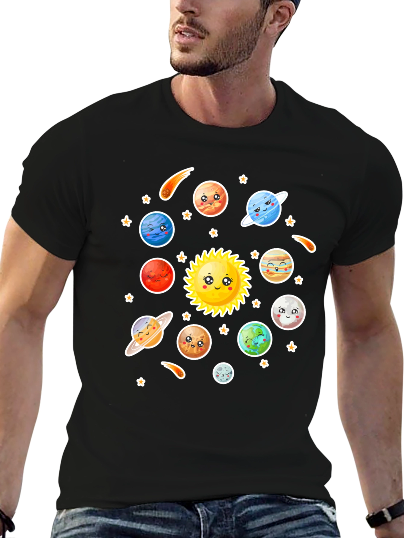 Cartoon Solar System Graphic Black T-Shirt