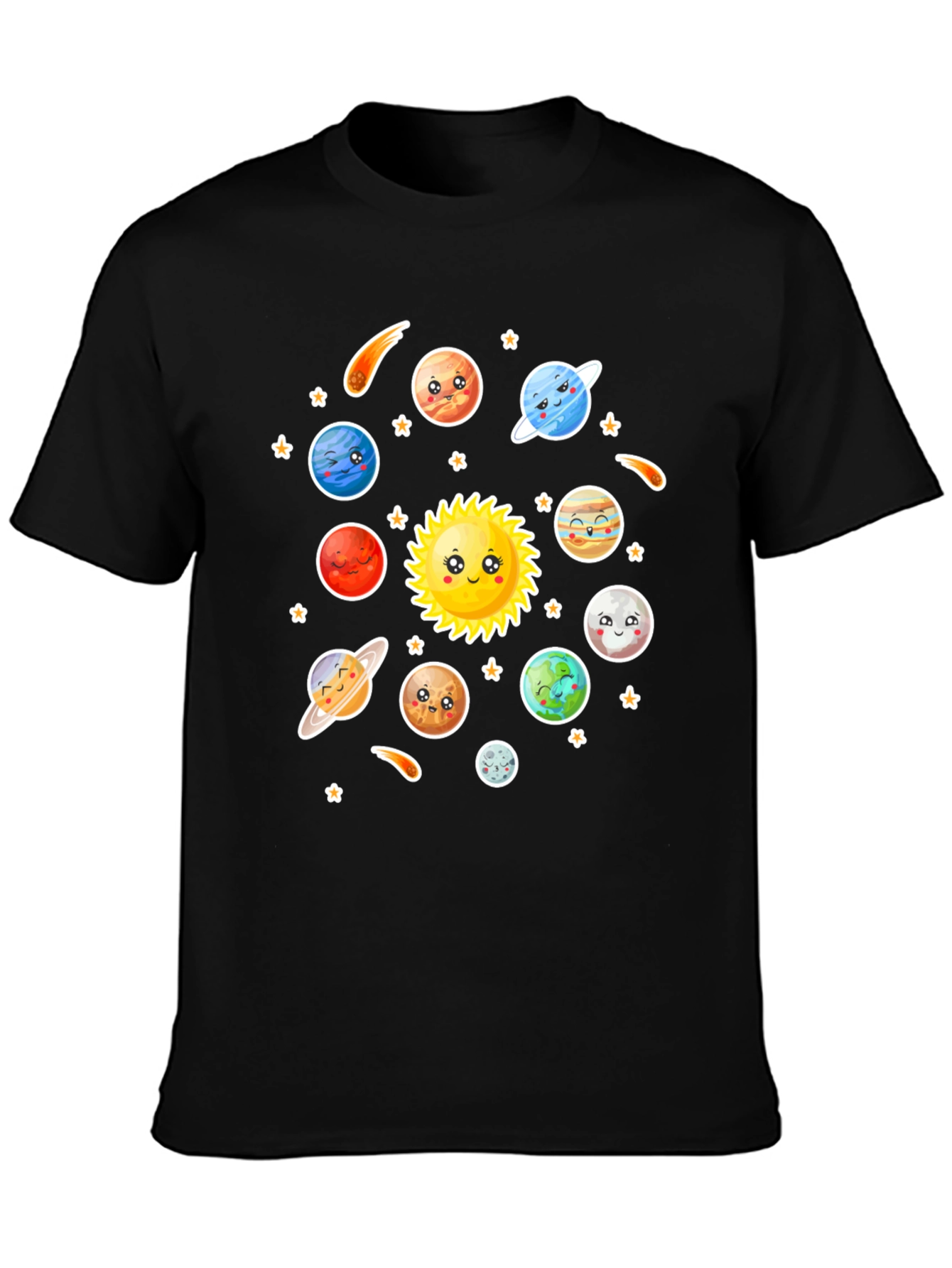Cartoon Solar System Graphic Black T-Shirt