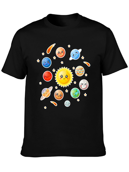 Cartoon Solar System Graphic Black T-Shirt