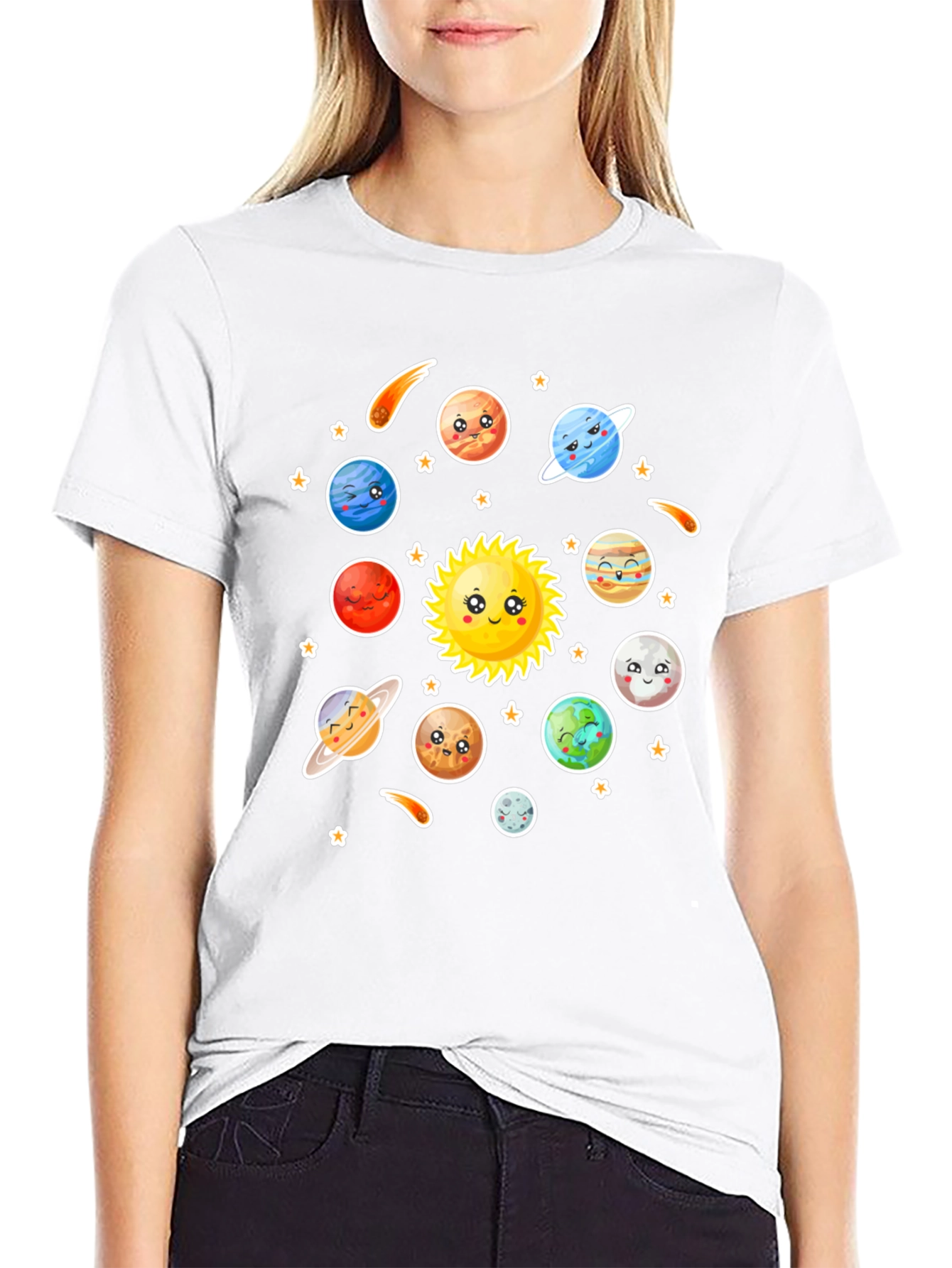 Cartoon Solar System Graphic Black T-Shirt