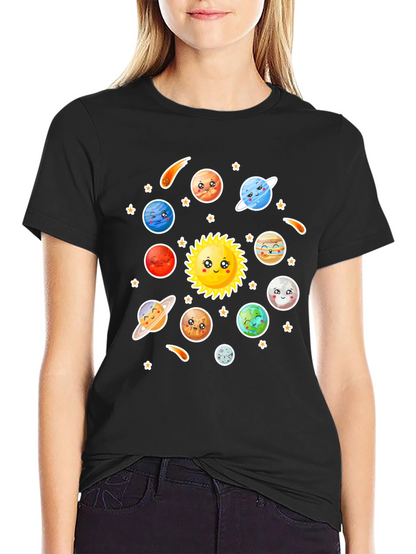 Cartoon Solar System Graphic Black T-Shirt