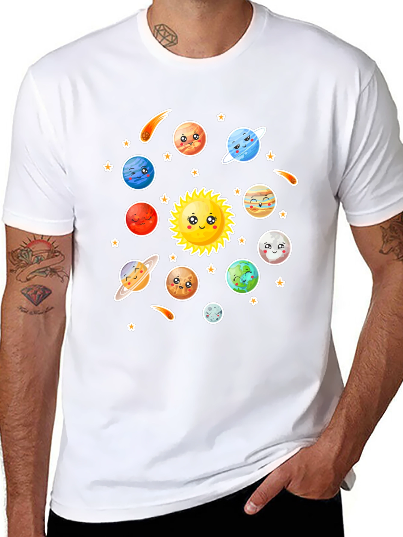 Cartoon Solar System Graphic Black T-Shirt