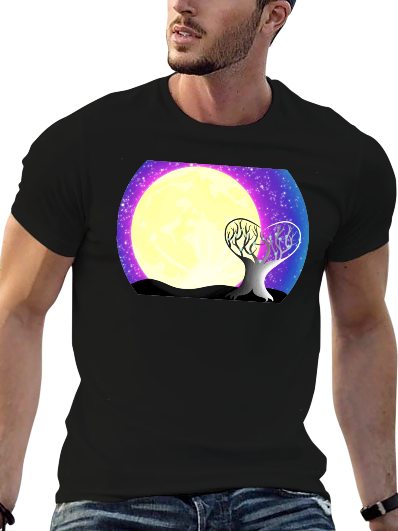 Moonlit Tree Graphic Tee - Black Cotton T-Shirt