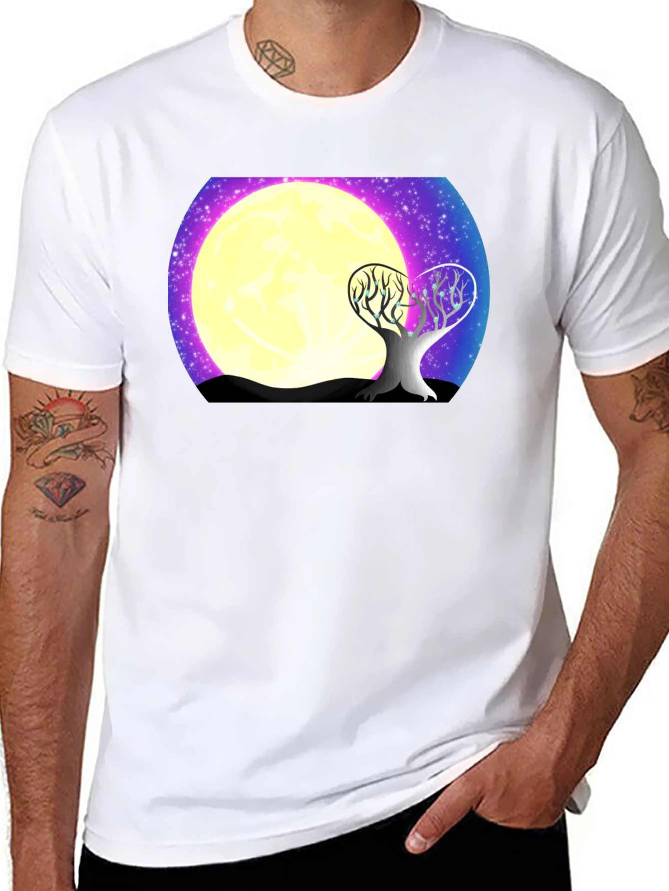 Moonlit Tree Graphic Tee - Black Cotton T-Shirt