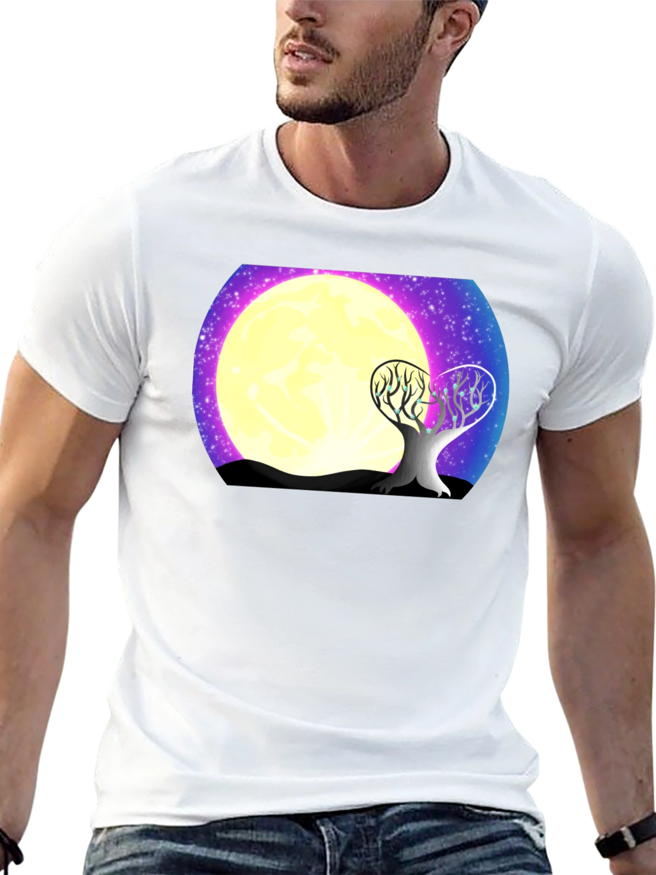 Moonlit Tree Graphic Tee - Black Cotton T-Shirt