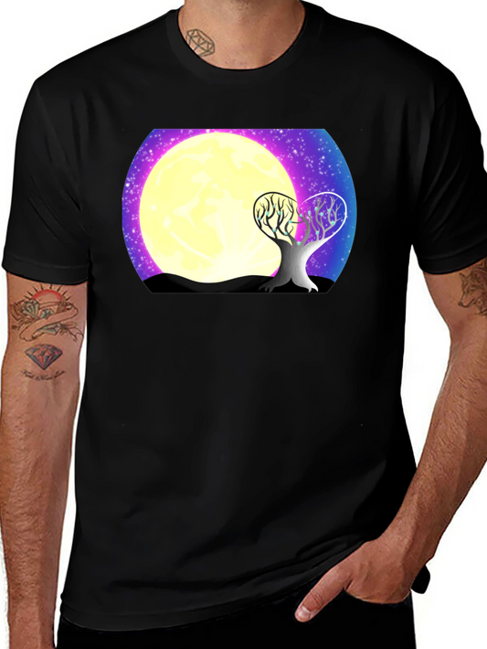 Moonlit Tree Graphic Tee - Black Cotton T-Shirt