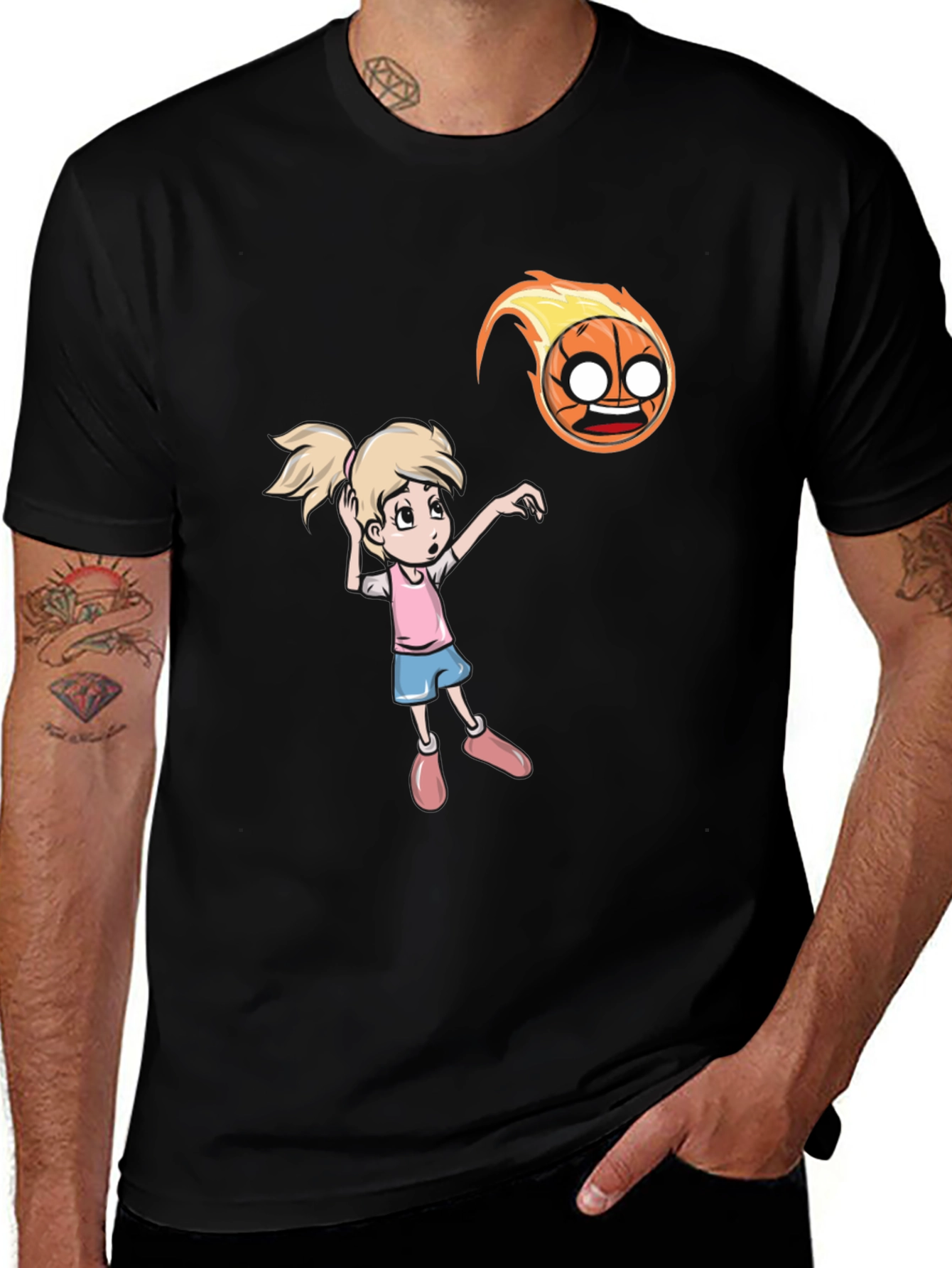 Cartoon Girl vs Flaming Basketball T-Shirt