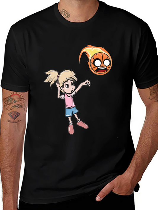 Cartoon Girl vs Flaming Basketball T-Shirt