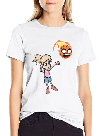 Cartoon Girl vs Flaming Basketball T-Shirt