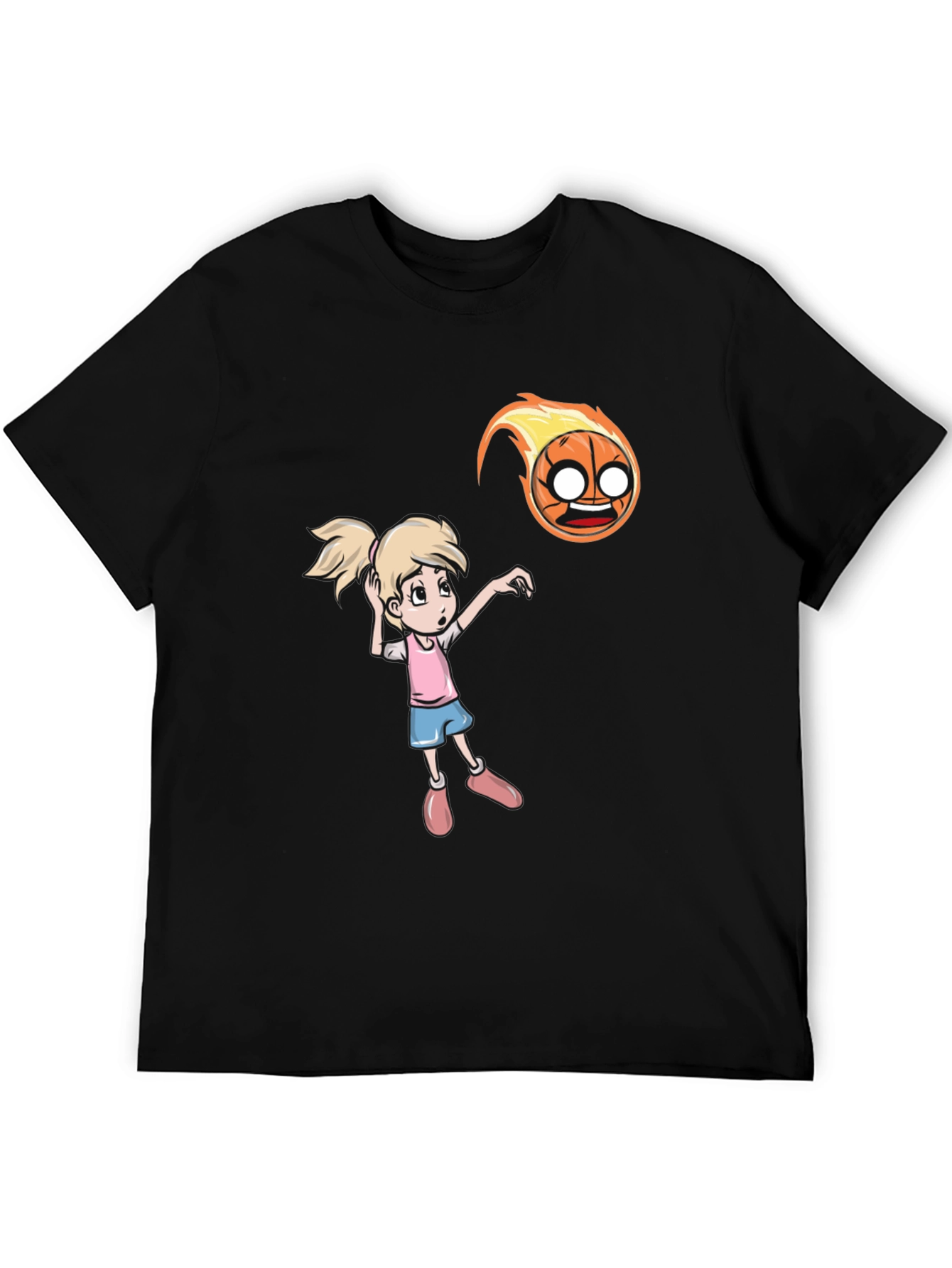 Cartoon Girl vs Flaming Basketball T-Shirt